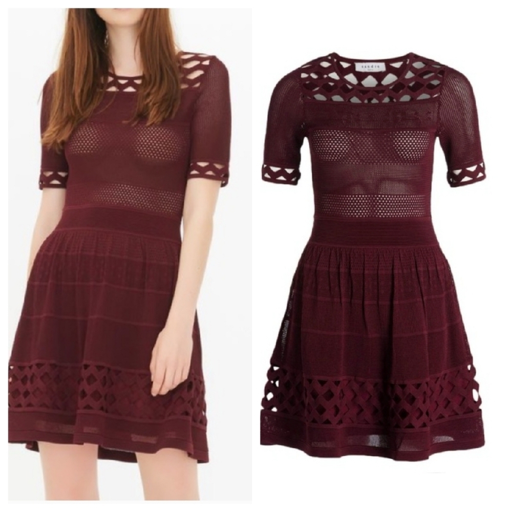 Sandro Bridget Burgandy Woven Knit Dress